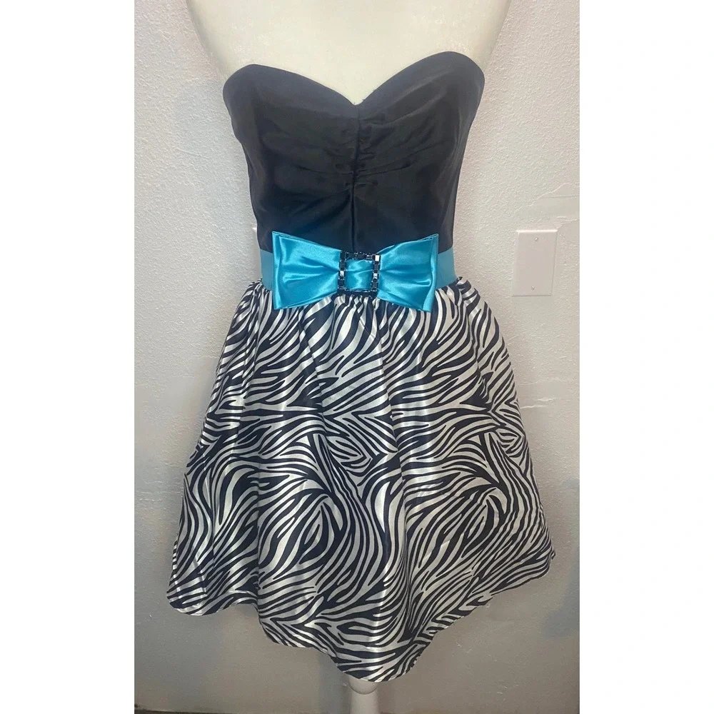 Jessica McClintock Gunne Sax Dress Women 7 Black Zebra Turquoise Y2K Bow